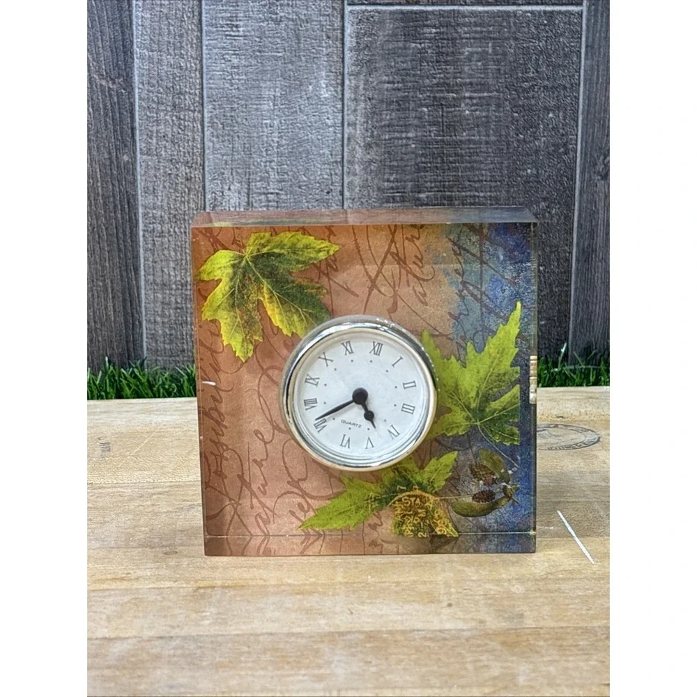 Vintage MCM K&K Craft Quartz Desk Clock Lucite Autumn Leaves Made in China